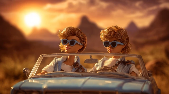 Thelma and Louise Barbie Dolls on a Road Trip