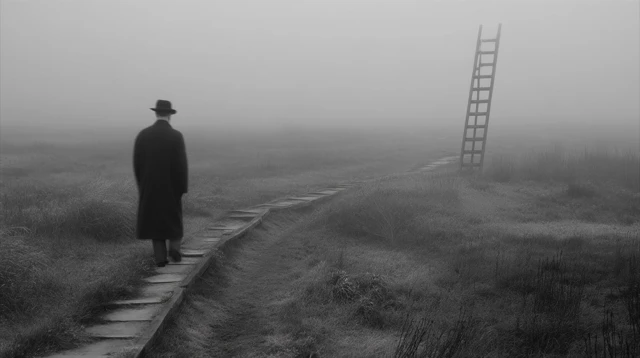 Solitary Man on Path Surreal and Melancholic