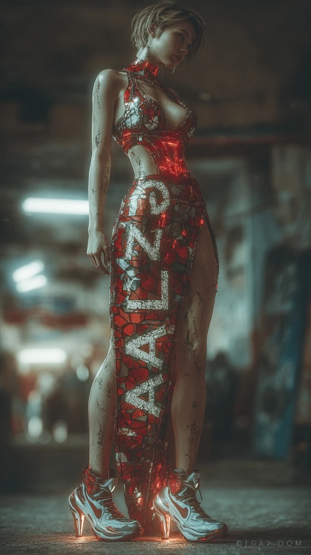 Cyberpunk Woman in Red Dress and Futuristic Heels