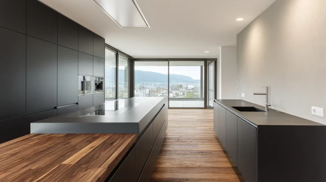 Modern Kitchen Design Black Cabinets Wooden Floor