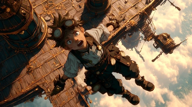 Steampunk Boy Anime on Airship Epic Illustration