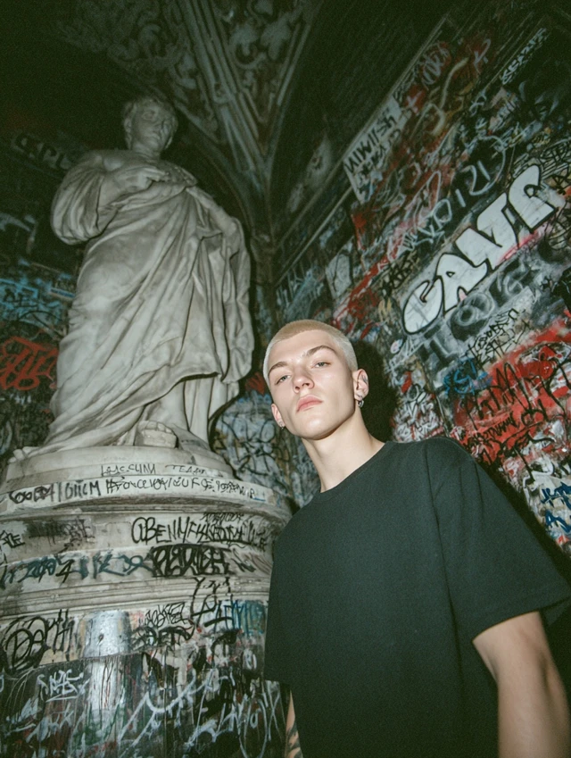 Goth Model Buzzcut Graffiti Statue Photography