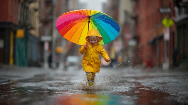 Childs Joyful Puddle Play Rainbow Umbrella Street Photo