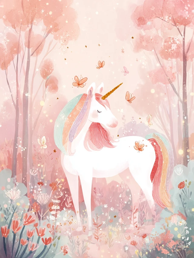 Cute Unicorn in a Dreamy Forest Watercolor