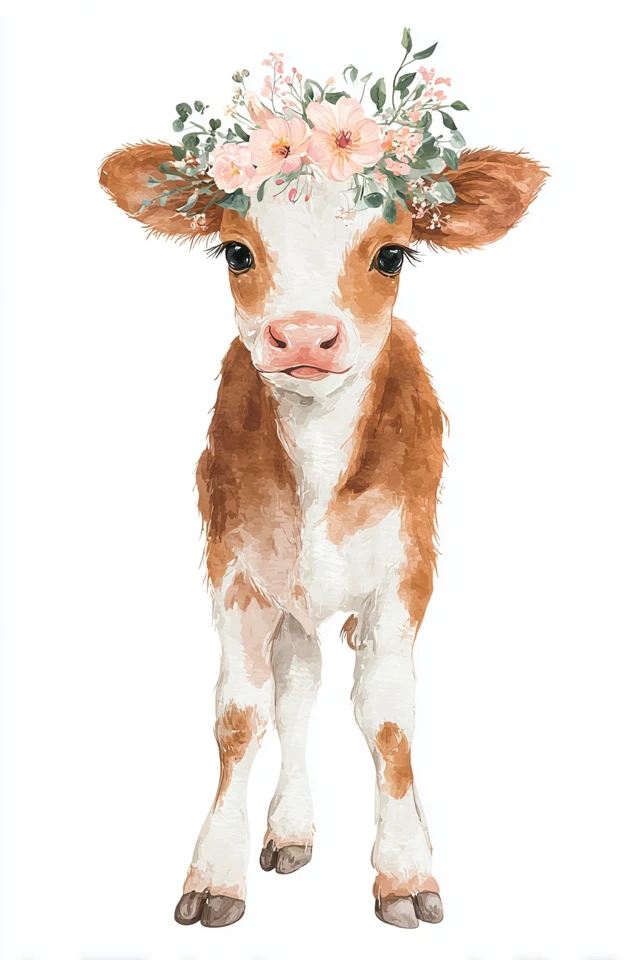 Baby Cow Watercolor Art Flower Crown