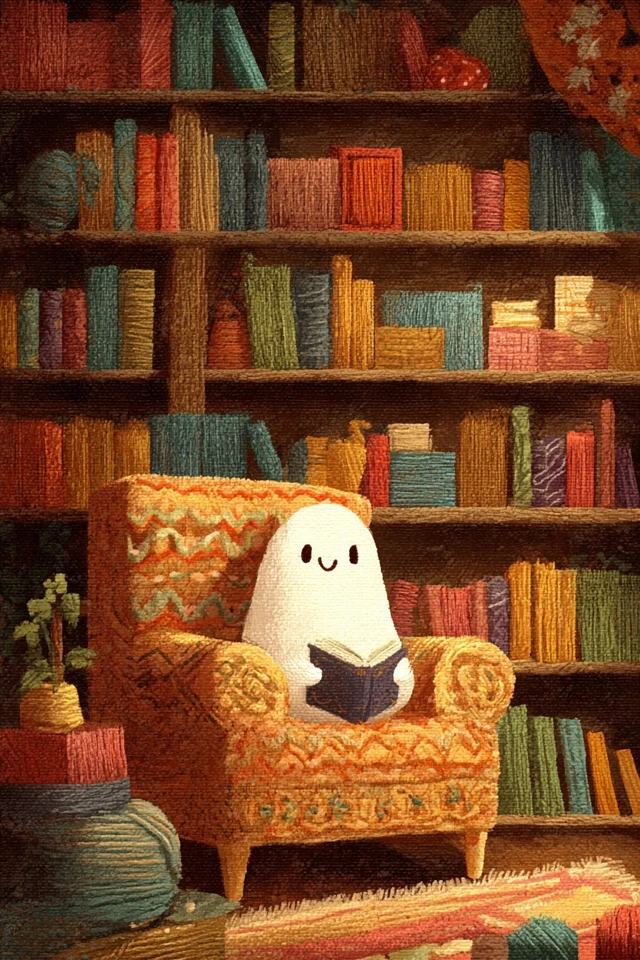 Cozy Halloween Ghost in a Spooky Library Embroidery Art