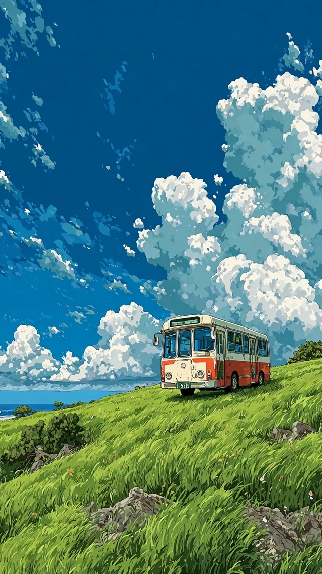 Anime Bus in a Green Field Tranquil Landscape