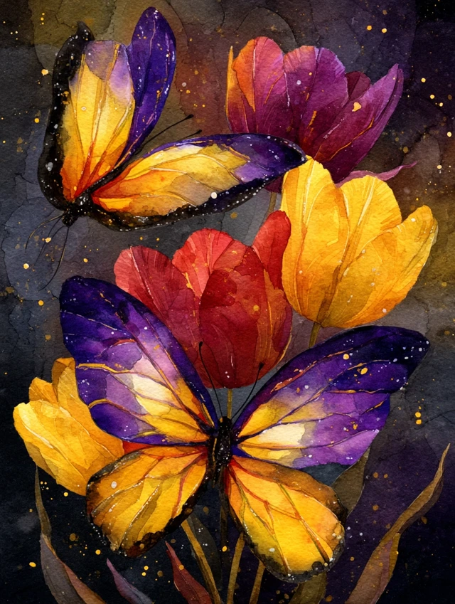 Butterflies and Tulips Watercolor Painting
