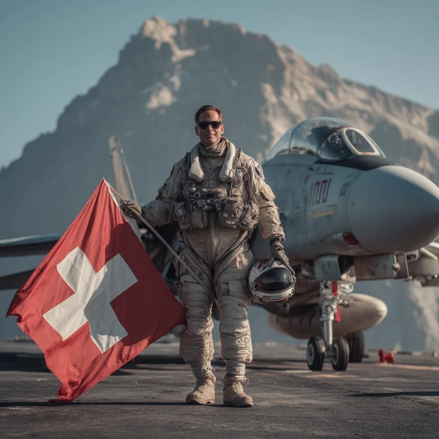 Swiss Pilot with F14 Tomcat and Flag