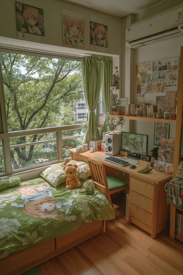 Anime Room Study Space with Green Decor