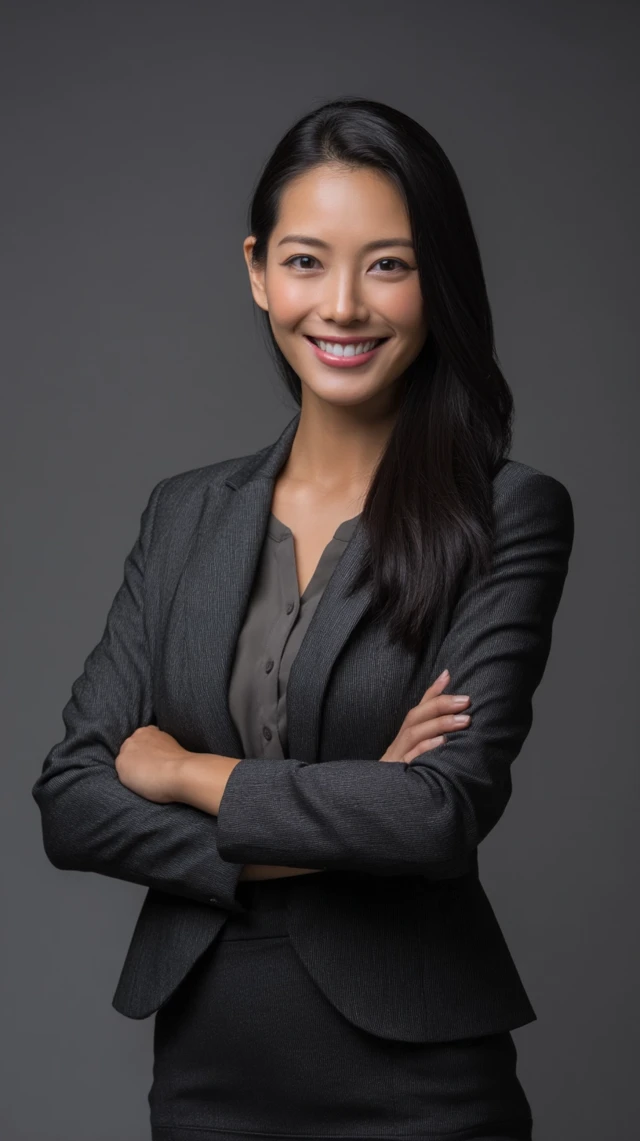 Professional Asian Woman Smiling in Office Suit