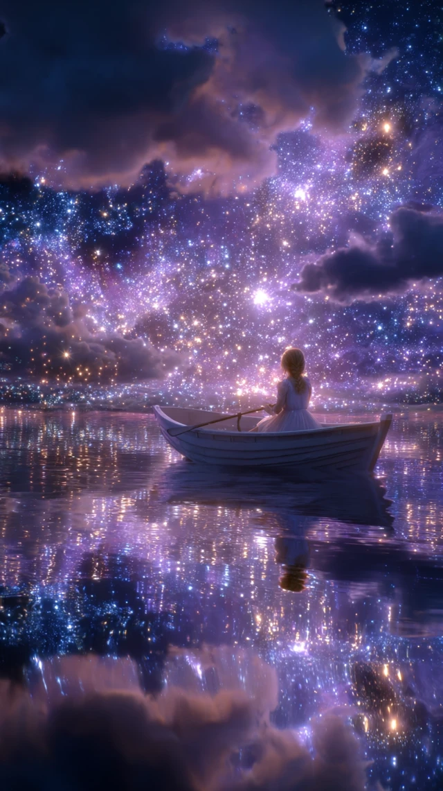 Girl in Boat Dreamy Starry Night