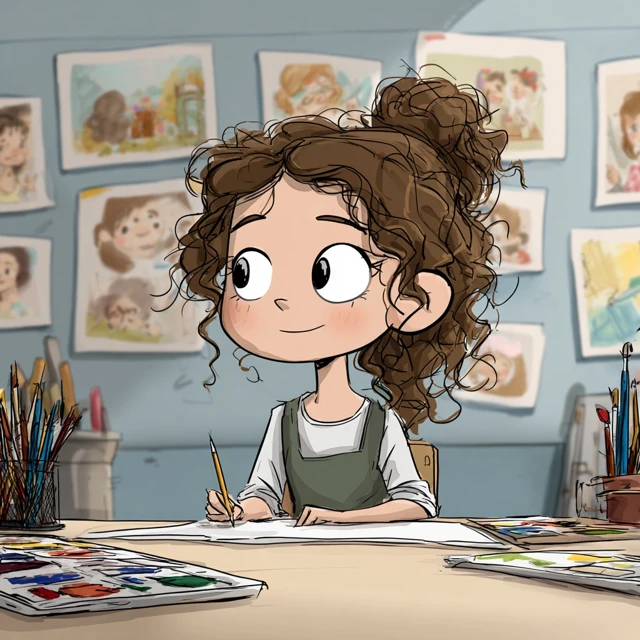 Cartoon Girl Artist in Art Classroom