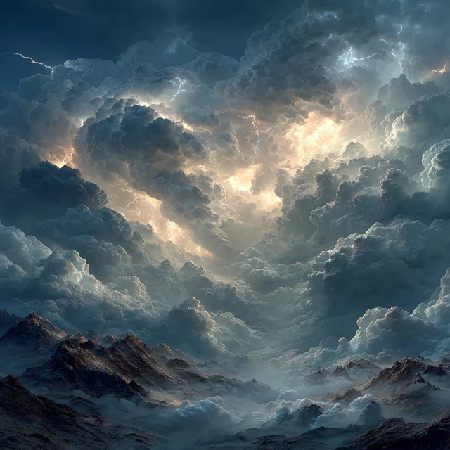Stormy Sky Lightning Over Ancient Mountains