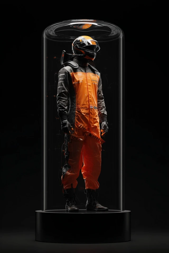 McLaren F1 Suit Futuristic Design in Display Case