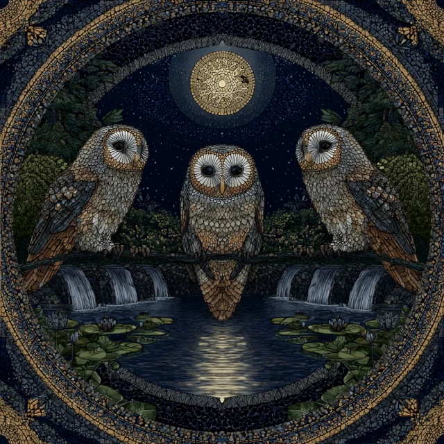 Owl Mosaic Night Koi Pond Zen Garden Artwork