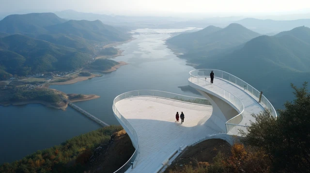 Lotus Flower Viewing Platform Overlooking Lake