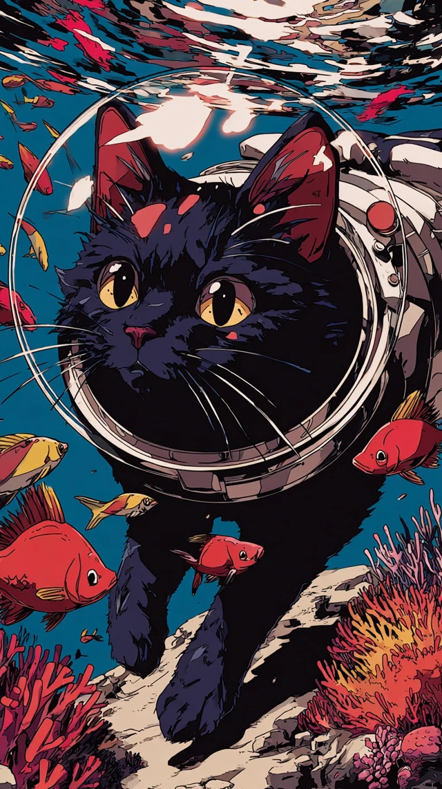 Underwater Cat Adventure in Anime Style