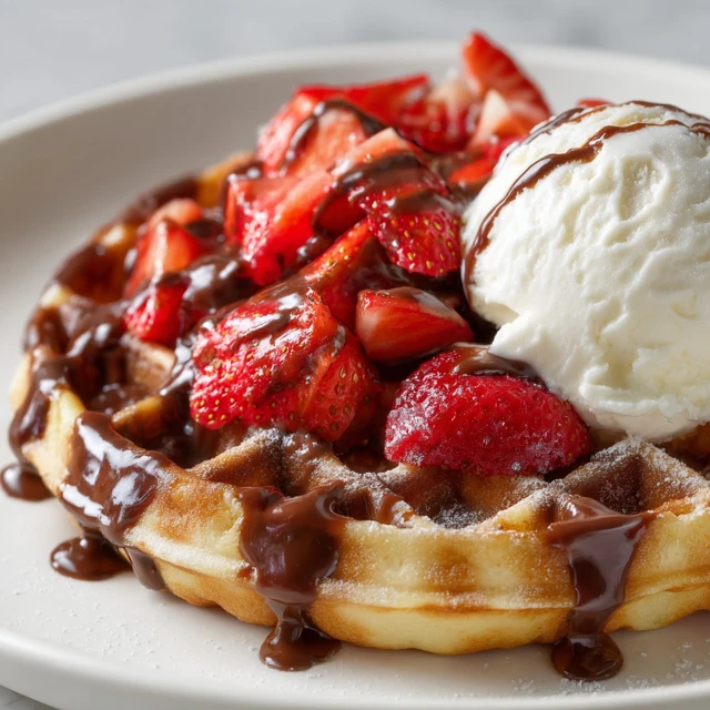 Delicious Waffle with Chocolate Strawberries and Ice Cream