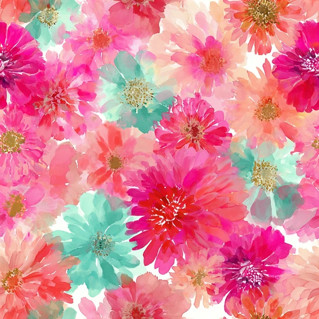 Watercolor Floral Pattern Bright Flowers Dahlias Zinnias