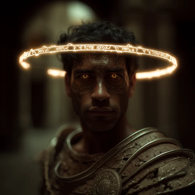 Mystical Man with Glowing Halo and Golden Eyes
