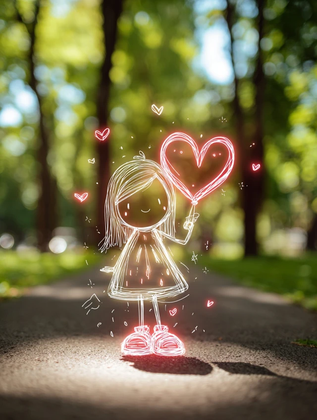 Neon Girl in Summer Park Glowing Heart Art