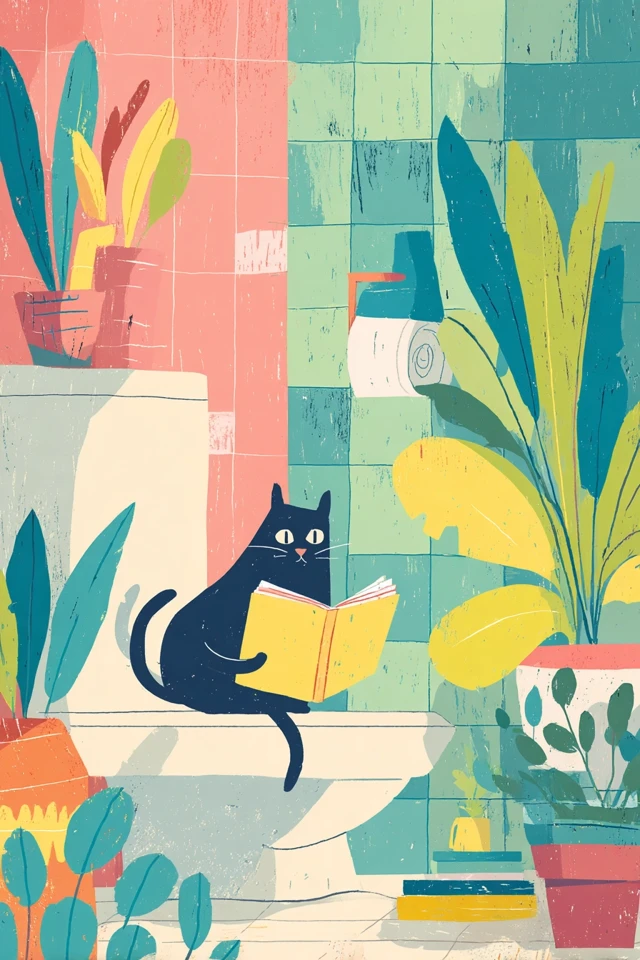 Black Cat Reading Book in Bathroom Illustration