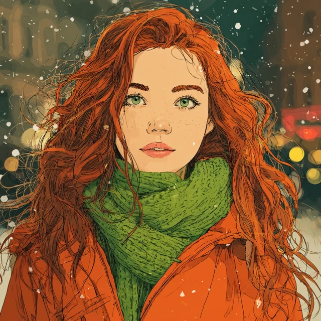 Winter Scene Young Woman with Red Hair Snowfall