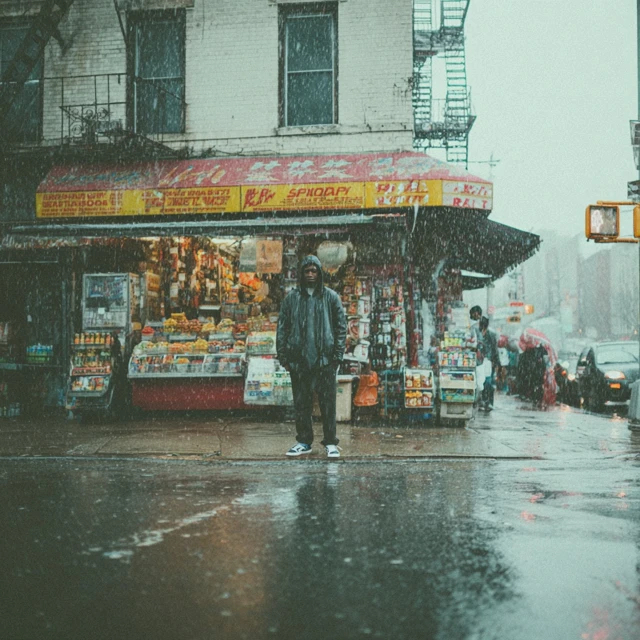 Man in Hood Stands in NYC Rain