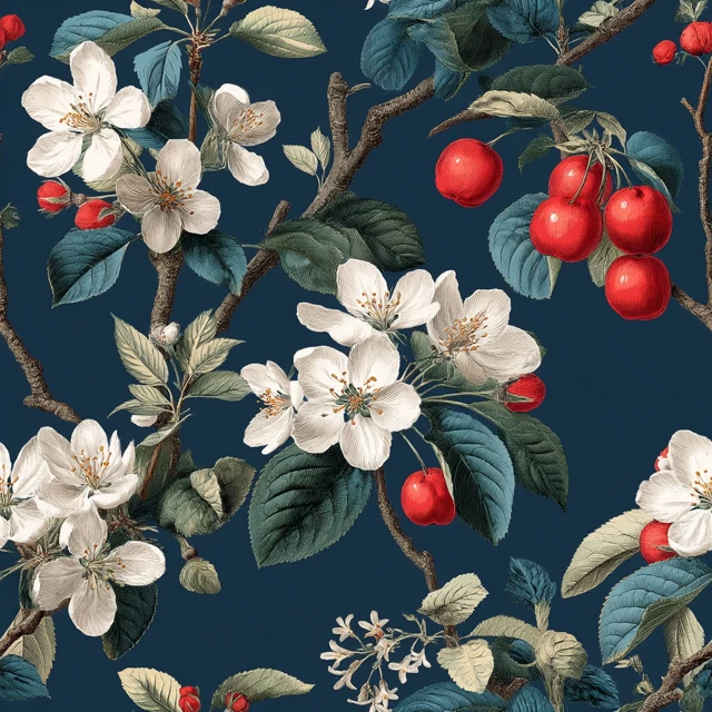 Botanical Blossom Illustration Dark Blue Background