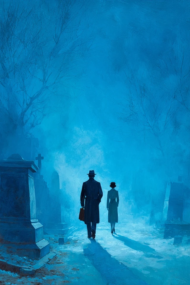 Noir Detective and Woman Cemetery Painting