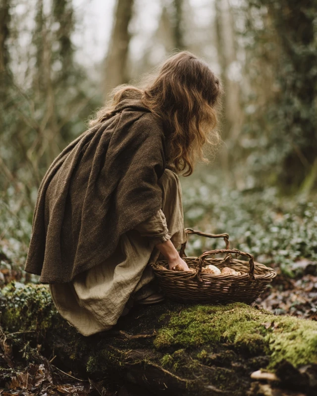Cottagecore Forest Photo: Woman with Mushrooms