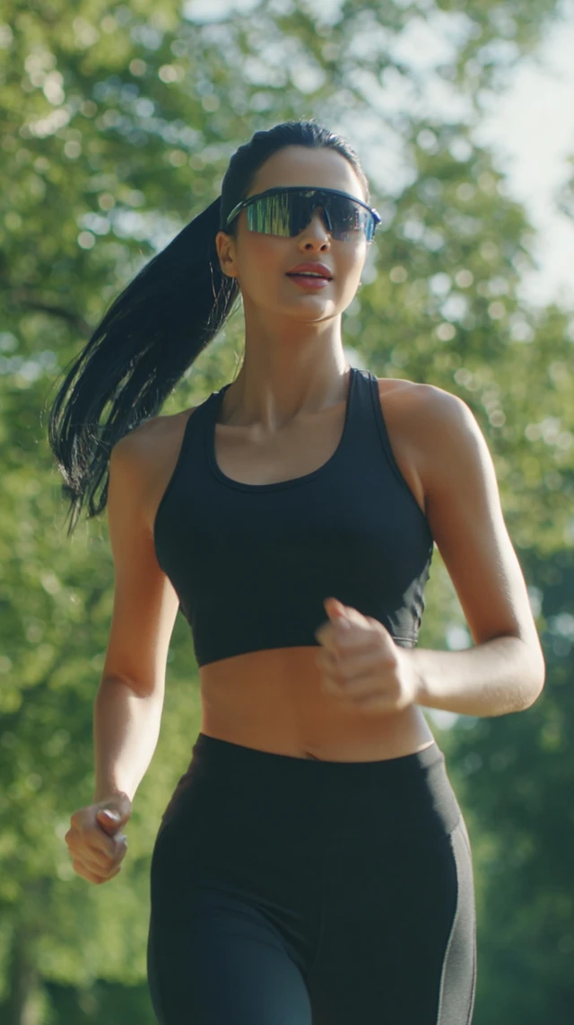 Fit Woman Jogging in Sunny Park with Sunglasses
