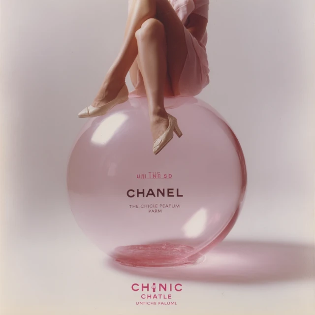 Chanel Perfume Ad Girl on Pink Bubble Hyperrealistic