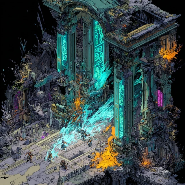 Cyberpunk Temple Ruin: Digital Gods Fall