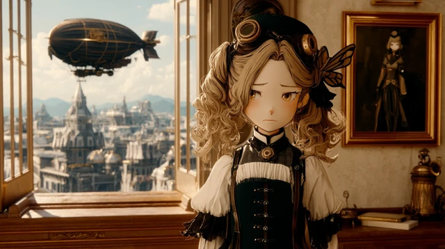 Steampunk Girl Anime Illustration with City and Airship