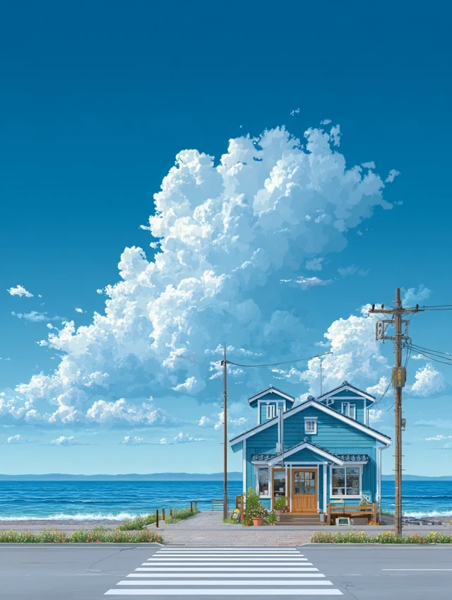 Anime Coastal Crosswalk Scene Illustration