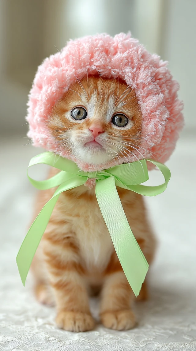 Cute Kitten in Pink Bonnet Adorable Tabby Cat Photo