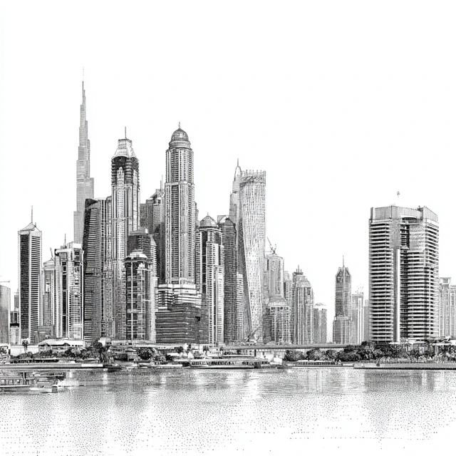 Dubai Skyline Pencil Sketch Architectural Rendering