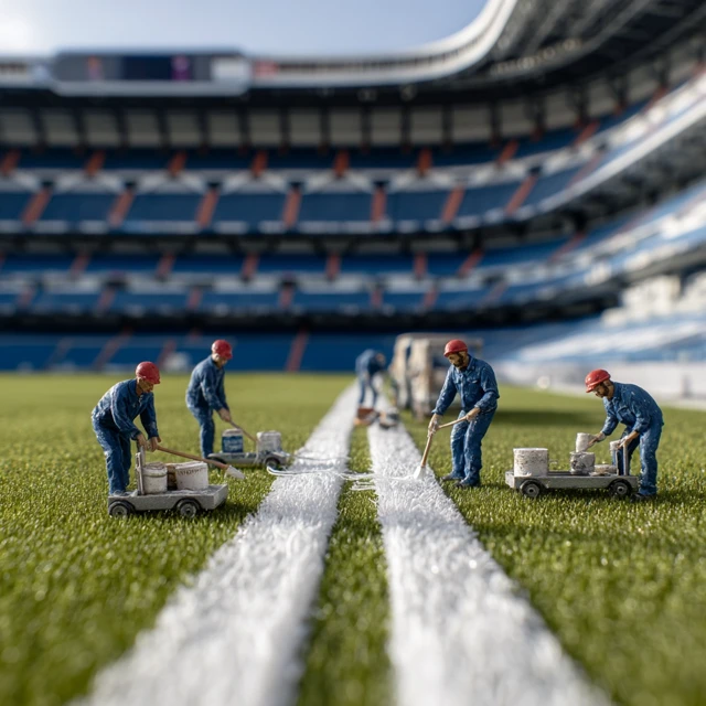 Miniature Workers Painting Field Lines at Stadium