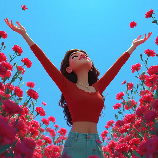 Young Woman in Carnation Field Pixar Style