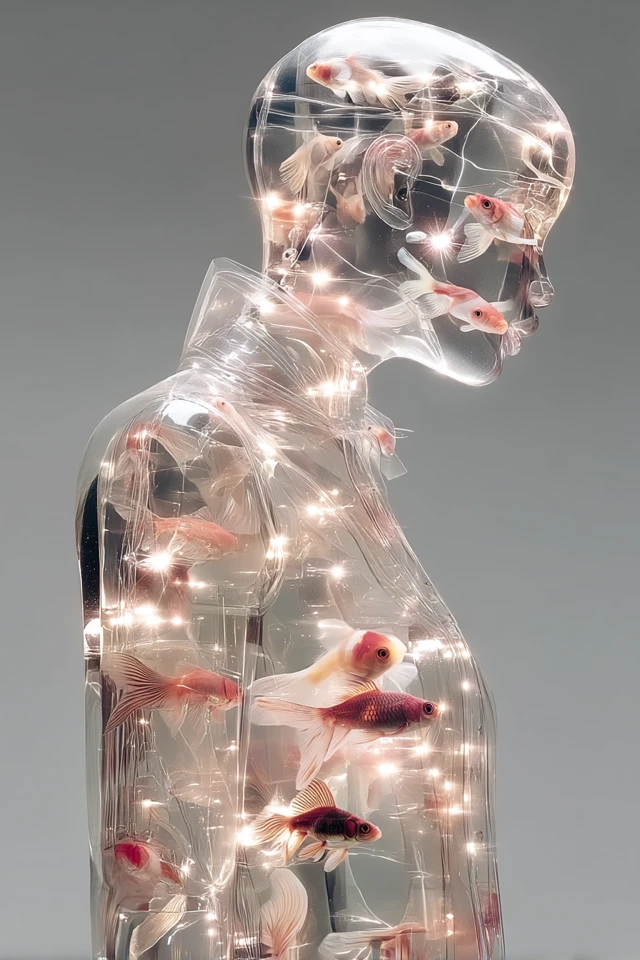 Glass Figure with Goldfish: Surreal Art