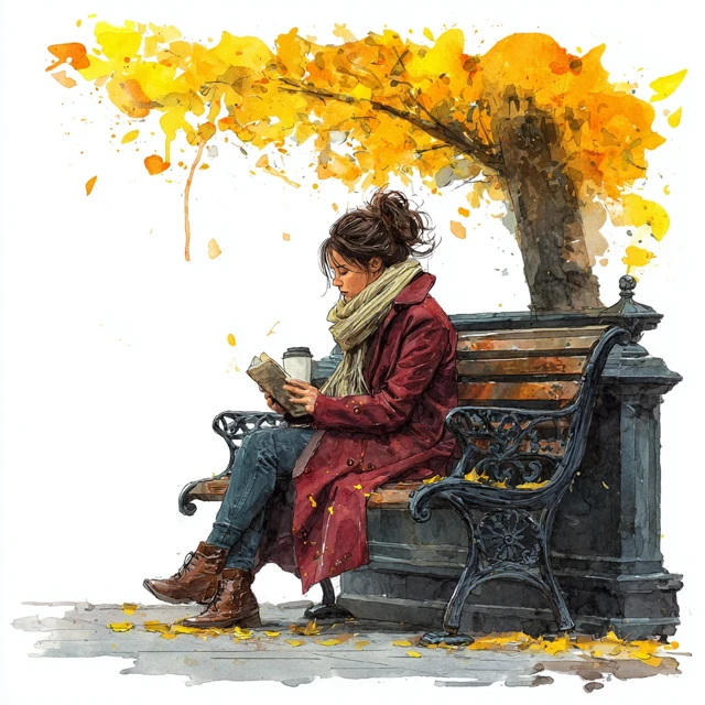 Autumn Reading Woman on Bench Watercolor Art