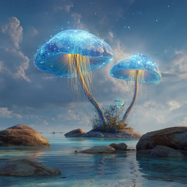 Glowing Mushrooms in Water Fantasy Art