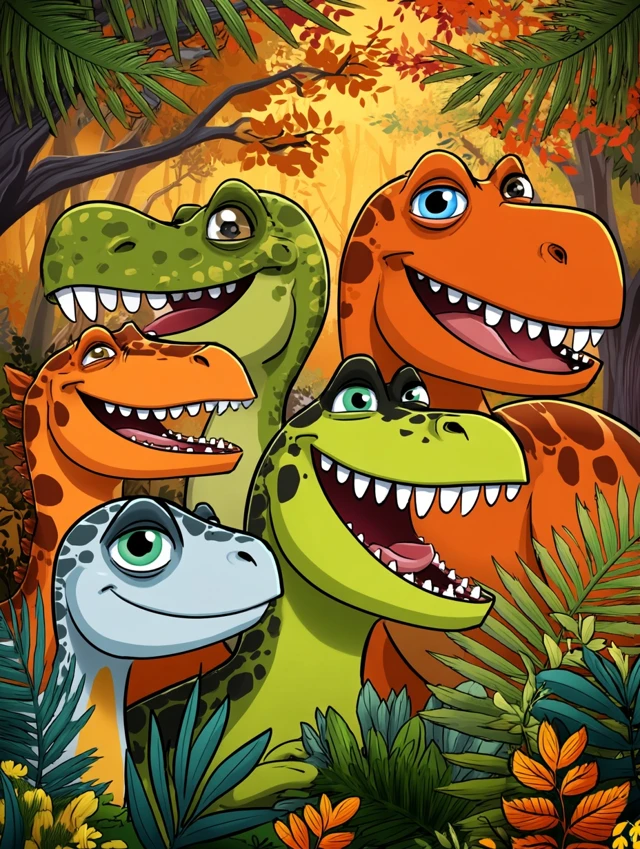Cartoon Dinosaurs Smiling in a Forest