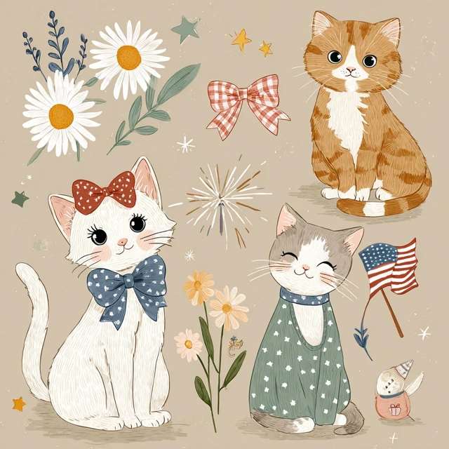 Country Cats Illustration Patriotic Theme