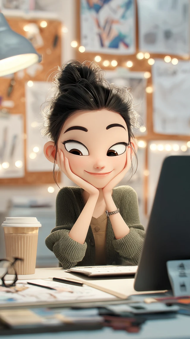 Cute 3D Cartoon Asian Girl Working Smiling At Desk