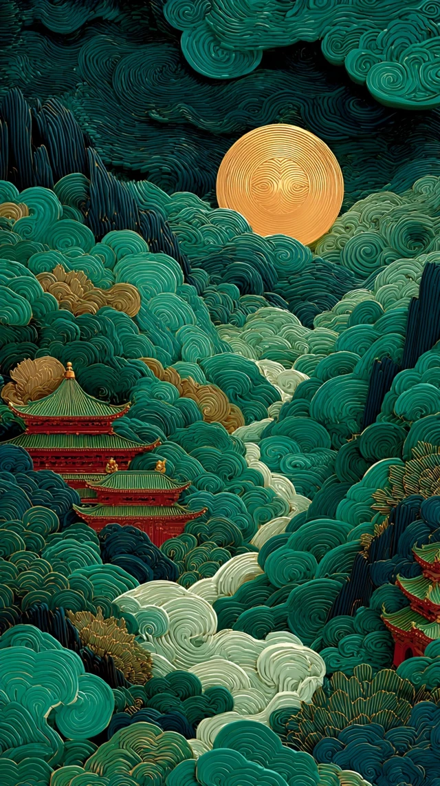 Chinese Art Dunhuang Style Green Gold Patterns