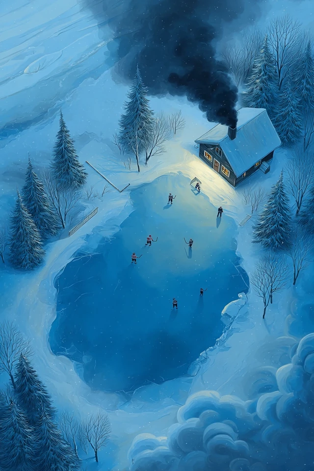 Winter Cabin Hockey Game Watercolour Painting