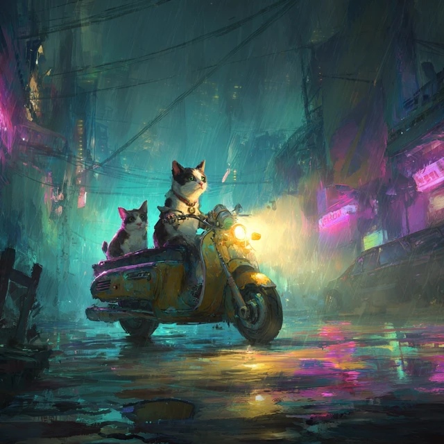 Cyberpunk Cats Riding Scooter in the Rain